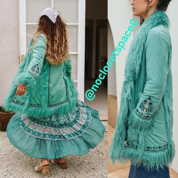 New Spell Designs Joplin Jacket Teal Penny Lane Trench Coat Faux Fur S Emerald - Picture 3 of 17
